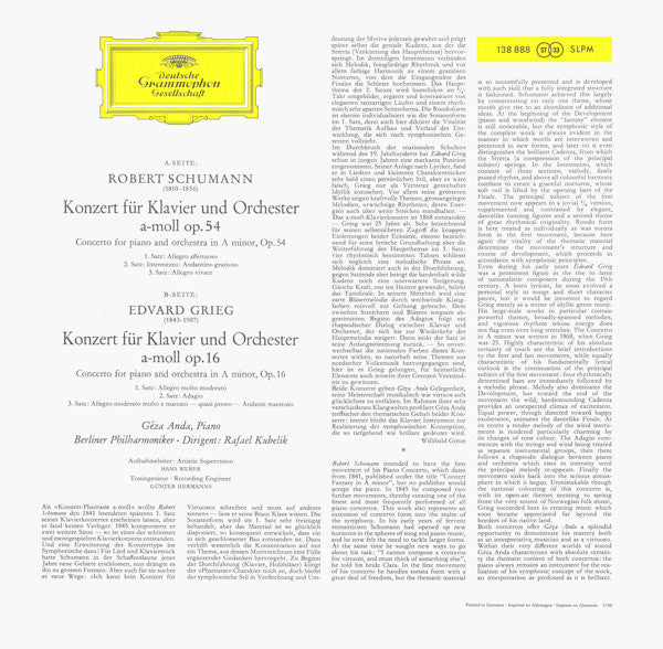Robert Schumann ∙ Edvard Grieg, Géza Anda ∙ Rafael Kubelik, Berliner Philharmoniker : Klavierkonzerte In A-moll · Piano Concertos In A Minor (LP, RE)