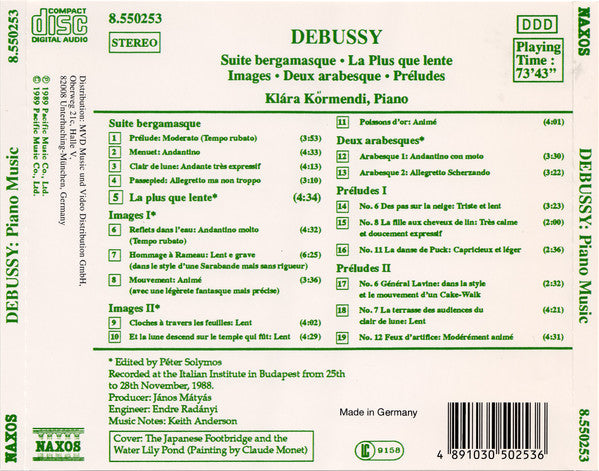 Claude Debussy - Klára Körmendi : Piano Music - Suite Bergamasque / La Plus Que Lente / Images / Deux Arabesque / Préludes (CD, Album)