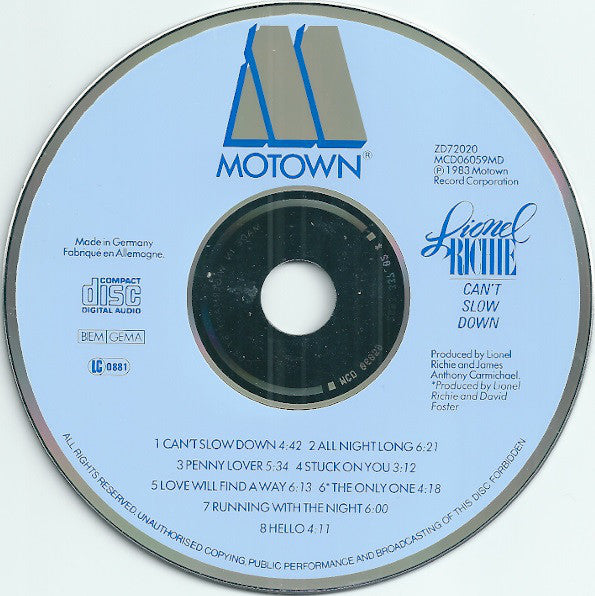 Lionel Richie : Can't Slow Down (CD, Album, RE, PDO)