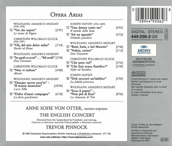 Wolfgang Amadeus Mozart, Joseph Haydn, Christoph Willibald Gluck, Anne Sofie Von Otter, The English Concert, Trevor Pinnock : Opera Arias (CD, Album)
