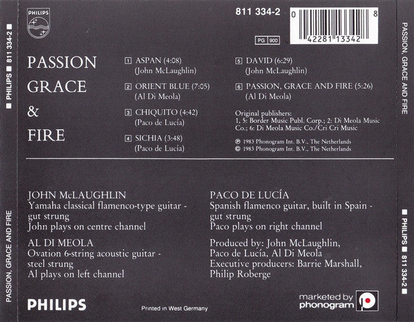 John McLaughlin, Al Di Meola, Paco De Lucía : Passion Grace & Fire (CD, Album, RE, RP)