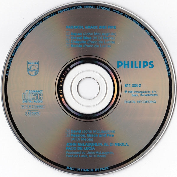 John McLaughlin, Al Di Meola, Paco De Lucía : Passion Grace & Fire (CD, Album, RE, RP)