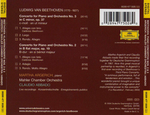 Ludwig Van Beethoven - Martha Argerich, Mahler Chamber Orchestra, Claudio Abbado : Piano Concertos Nos. 2 & 3 (CD, Album)