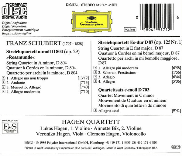 Franz Schubert ‎– Hagen Quartett : Streichquartette D804 "Rosamunde" • D703 "Quartettsatz" • D87 (CD, Album, RE)