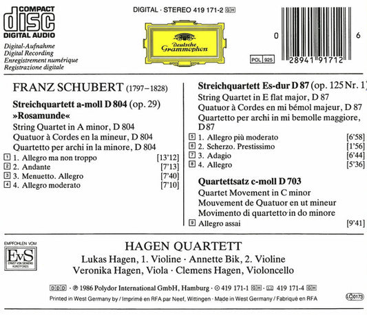 Franz Schubert ‎– Hagen Quartett : Streichquartette D804 "Rosamunde" • D703 "Quartettsatz" • D87 (CD, Album, RE)