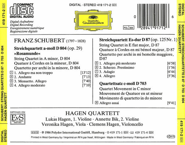 Franz Schubert ‎– Hagen Quartett : Streichquartette D804 "Rosamunde" • D703 "Quartettsatz" • D87 (CD, Album, RE)