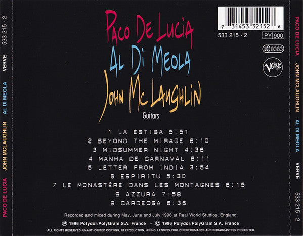 Paco De Lucía, Al Di Meola, John McLaughlin : The Guitar Trio (CD, Album)