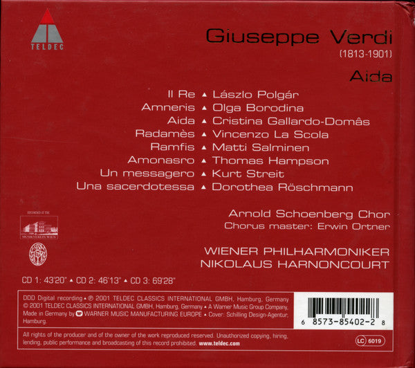 Giuseppe Verdi, Wiener Philharmoniker, Nikolaus Harnoncourt, Cristina Gallardo-Domâs, Vincenzo La Scola, Olga Borodina, Thomas Hampson, Matti Salminen (2), László Polgár : Aida (3xCD, Album)