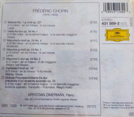 Frédéric Chopin, Krystian Zimerman : Andante Spianato Et Grande Polonaise Brillante • Fantasie • Ballade • Walzer • 3 Mazurken (CD)