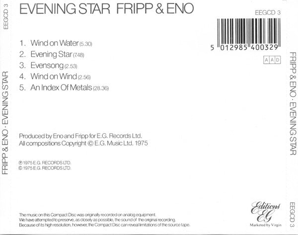 Fripp & Eno : Evening Star (CD, Album, RE, Vir)