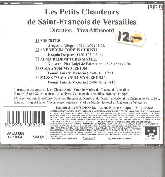 Les Petits Chanteurs De Versailles conducted by Yves Atthenont : Allegri - Desprez - Palestrina - Victoria (CD)
