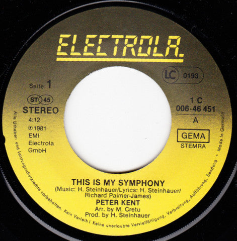 Peter Kent : This Is My Symphony (7", Single)