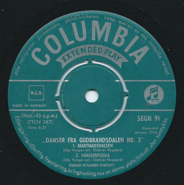 Oddvar Nygaards Kvartett : Danser Fra Gudbrandsdalen Nr. 3 (7", EP)
