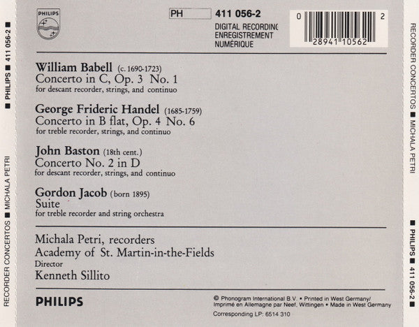 Georg Friedrich Händel, William M. Babell, John Baston, Gordon Jacob, Michala Petri, The Academy Of St. Martin-in-the-Fields, Kenneth Sillito : Recorder Concertos / Suite For Recorder (CD, Album, Blu)