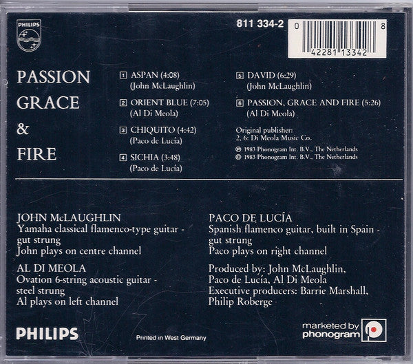 John McLaughlin, Al Di Meola, Paco De Lucía : Passion, Grace & Fire (CD, Album, RE)
