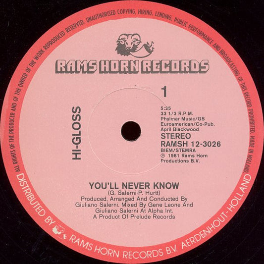 Hi-Gloss : You'll Never Know (12", Single)
