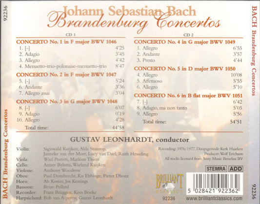 Johann Sebastian Bach, Frans Brüggen • Kuijkens • Anner Bylsma • Gustav Leonhardt : Die Brandenburgischen Konzerte (2xCD, Album, RE, RM)