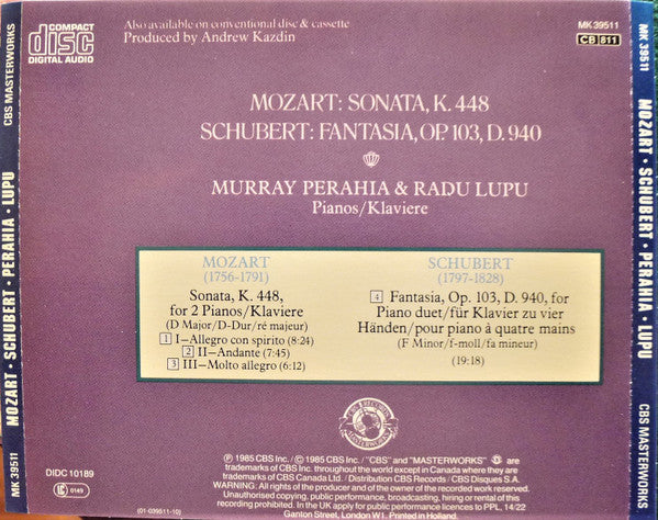 Wolfgang Amadeus Mozart / Franz Schubert - Murray Perahia • Radu Lupu : Sonata  K. 448 / Fantasia, Op.103, D 940 (CD, RE)