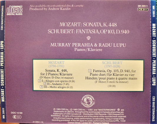 Wolfgang Amadeus Mozart / Franz Schubert - Murray Perahia • Radu Lupu : Sonata  K. 448 / Fantasia, Op.103, D 940 (CD, RE)