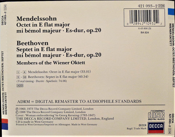 Felix Mendelssohn-Bartholdy / Ludwig van Beethoven - Wiener Oktett : Octet / Septet (CD, Comp, RM)