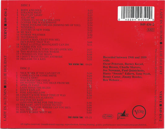 Billie Holiday : Lady In Autumn : Billie Holiday (2xCD, Comp)
