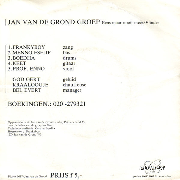 Jan Van De Grond Groep : Eens Maar Nooit Meer / Vlinder (7", Single)