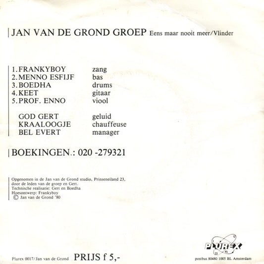 Jan Van De Grond Groep : Eens Maar Nooit Meer / Vlinder (7", Single)