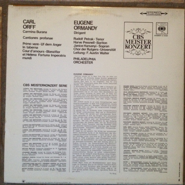 Carl Orff - The Philadelphia Orchestra, Eugene Ormandy, Janice Harsanyi / Rudolf Petrak / Harve Presnell, The Rutgers University Choir, F. Austin Walter : Carmina Burana / Cantiones Profanae (LP, RE)