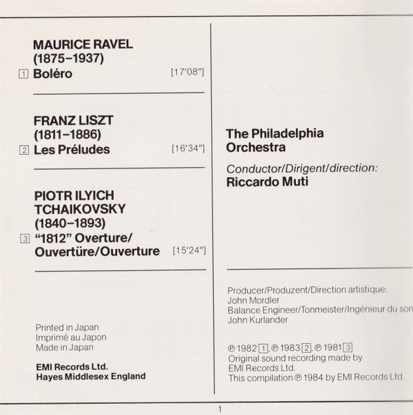Riccardo Muti / The Philadelphia Orchestra : Boléro - Les Préludes - 1812 (CD, Comp)