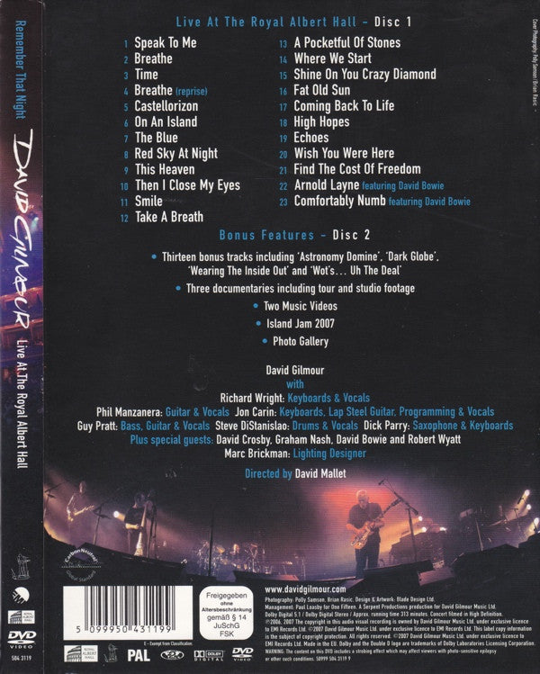 David Gilmour : Remember That Night (Live At The Royal Albert Hall) (2xDVD-V, S/Edition, PAL, Sli)