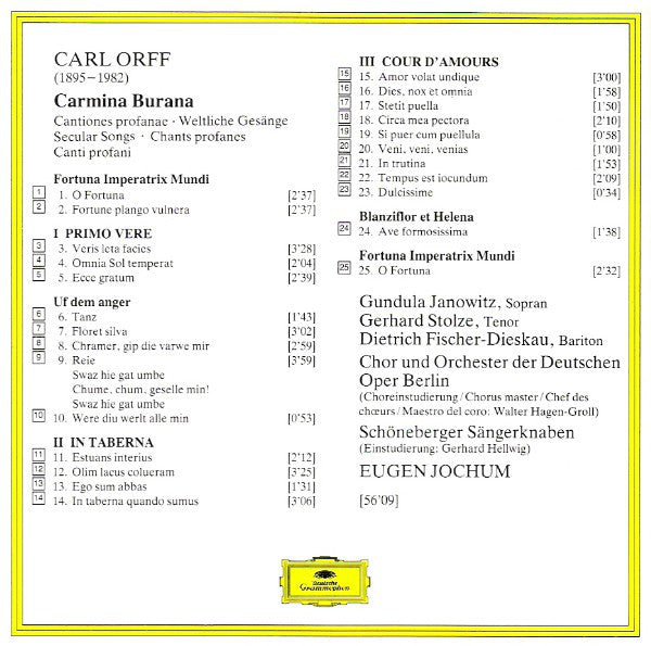 Carl Orff - Gundula Janowitz · Gerhard Stolze · Dietrich Fischer-Dieskau · Chor der Deutschen Oper Berlin Und Orchester Der Deutschen Oper Berlin, Eugen Jochum : Carmina Burana (CD, Album, RE, RM)