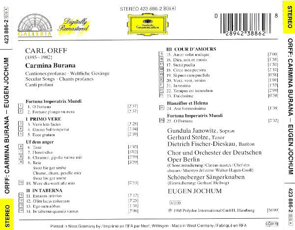 Carl Orff - Gundula Janowitz · Gerhard Stolze · Dietrich Fischer-Dieskau · Chor der Deutschen Oper Berlin Und Orchester Der Deutschen Oper Berlin, Eugen Jochum : Carmina Burana (CD, Album, RE, RM)