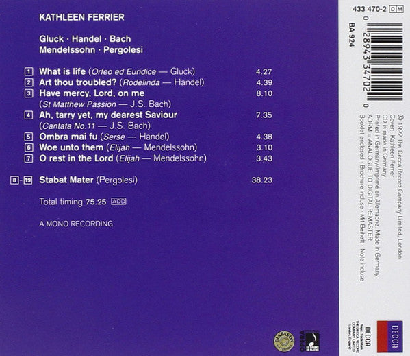 Kathleen Ferrier, Christoph Willibald Gluck, Georg Friedrich Händel, Johann Sebastian Bach, Felix Mendelssohn-Bartholdy, Giovanni Battista Pergolesi : Gluck, Handel, Bach, Mendelssohn, Pergolesi (CD, Album, Mono, RM)