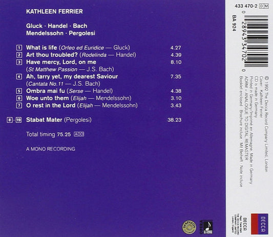 Kathleen Ferrier, Christoph Willibald Gluck, Georg Friedrich Händel, Johann Sebastian Bach, Felix Mendelssohn-Bartholdy, Giovanni Battista Pergolesi : Gluck, Handel, Bach, Mendelssohn, Pergolesi (CD, Album, Mono, RM)