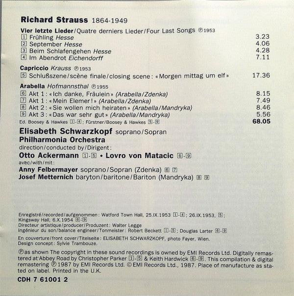 Richard Strauss - Elisabeth Schwarzkopf, Philharmonia Orchestra, Otto Ackermann, Lovro Von Matacic : Vier Letzte Lieder / Capriccio / Arabella (CD, Comp, Mono, RE, RM)
