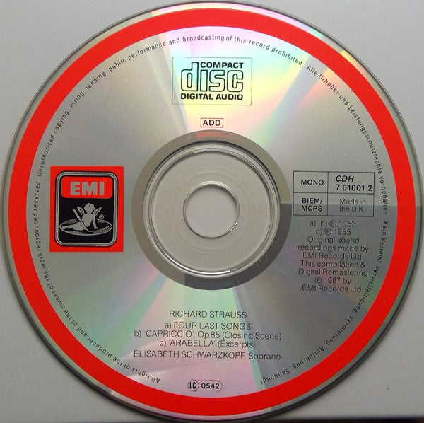Richard Strauss - Elisabeth Schwarzkopf, Philharmonia Orchestra, Otto Ackermann, Lovro Von Matacic : Vier Letzte Lieder / Capriccio / Arabella (CD, Comp, Mono, RE, RM)
