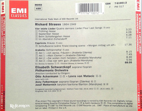 Richard Strauss - Elisabeth Schwarzkopf, Philharmonia Orchestra, Otto Ackermann, Lovro Von Matacic : Vier Letzte Lieder / Capriccio / Arabella (CD, Comp, Mono, RE, RM)