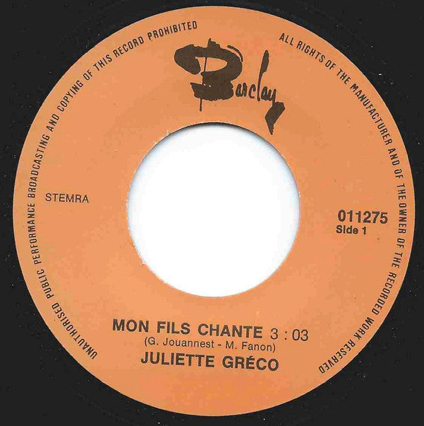 Juliette Gréco : Mon Fils Chante / L'Embellie (7", Single)