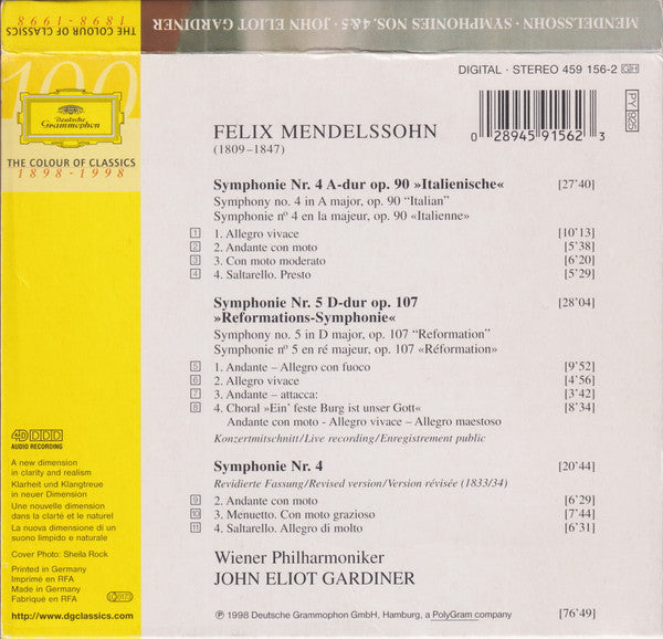 Felix Mendelssohn-Bartholdy - Wiener Philharmoniker, John Eliot Gardiner : Symphonies No. 4 "Italian" ∙ Original And Revised Versions / No. 5 "Reformation" (CD, Album, Sle)