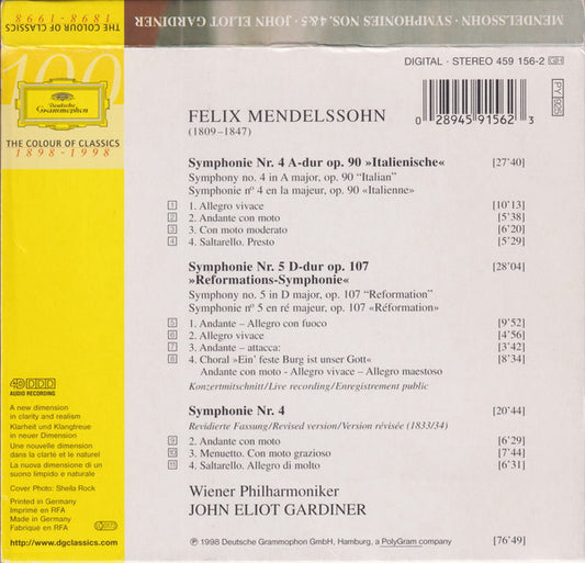 Felix Mendelssohn-Bartholdy - Wiener Philharmoniker, John Eliot Gardiner : Symphonies No. 4 "Italian" ∙ Original And Revised Versions / No. 5 "Reformation" (CD, Album, Sle)