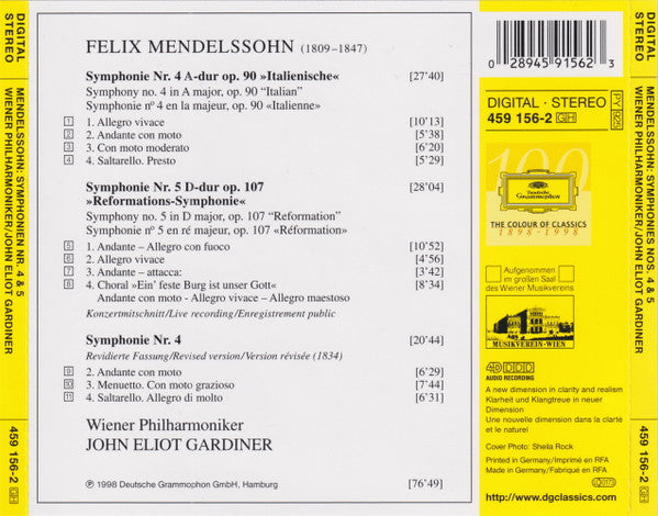 Felix Mendelssohn-Bartholdy - Wiener Philharmoniker, John Eliot Gardiner : Symphonies No. 4 "Italian" ∙ Original And Revised Versions / No. 5 "Reformation" (CD, Album, Sle)