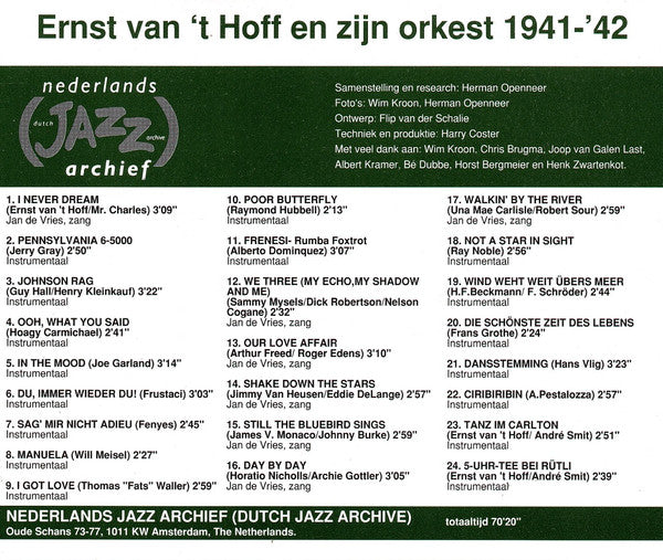 Ernst Van 't Hoff En Zijn Orkest : Ernst Van 't Hoff En Zijn Orkest 1941-'42 (24 Opnamen Uit De Periode 1941-'42) (CD, Comp, Mono)
