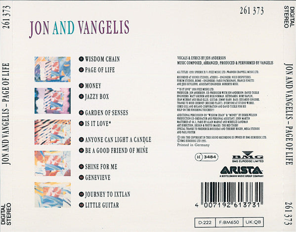 Jon & Vangelis : Page Of Life (CD, Album)