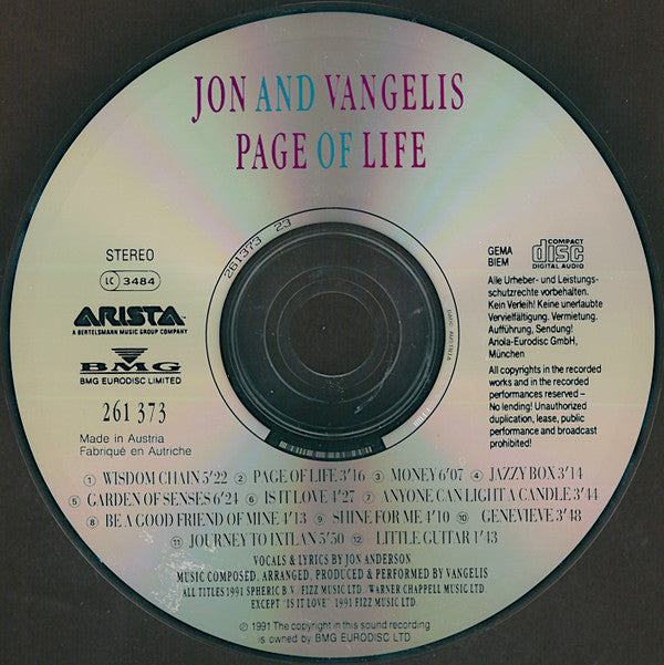 Jon & Vangelis : Page Of Life (CD, Album)