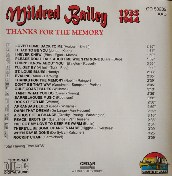 Mildred Bailey : 1935 1944 (Thanks For The Memory) (CD, Comp)
