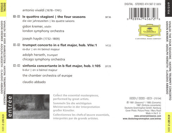 Antonio Vivaldi ‎, Gidon Kremer, London Symphony Orchestra, Claudio Abbado : The Four Seasons (CD, Comp, RE)