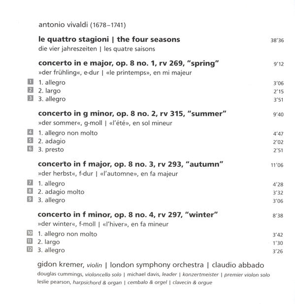 Antonio Vivaldi ‎, Gidon Kremer, London Symphony Orchestra, Claudio Abbado : The Four Seasons (CD, Comp, RE)