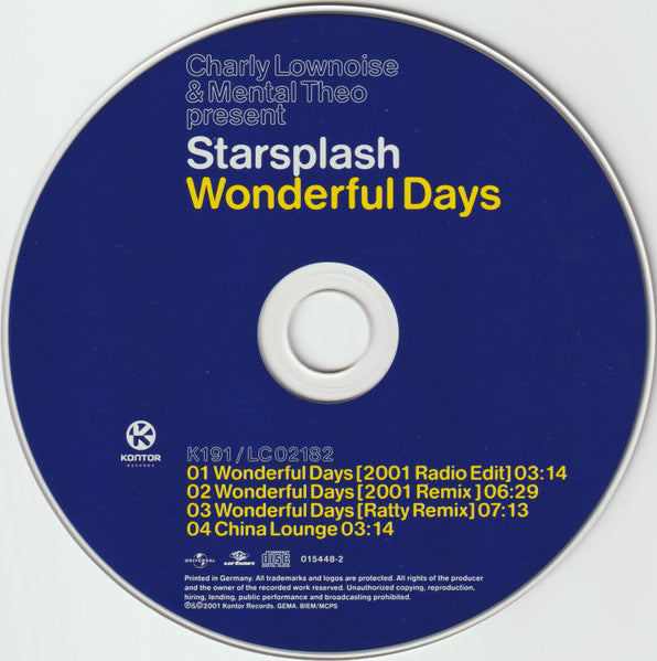 Charly Lownoise & Mental Theo Present Starsplash : Wonderful Days (CD, Maxi)