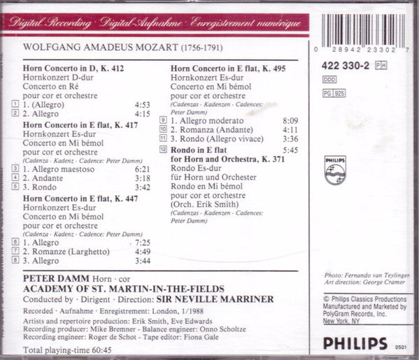 Wolfgang Amadeus Mozart, Peter Damm, The Academy Of St. Martin-in-the-Fields, Sir Neville Marriner : The Horn Concertos = Die Hornkonzerte (Les 4 Concertos Pour Cor Et Orchestre · Rondo KV 371) (CD, Album)