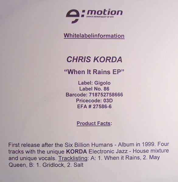 Chris Korda : When It Rains EP (12", EP, Promo, W/Lbl)